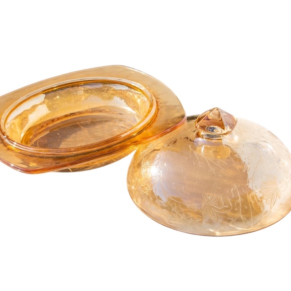 Jeanette Floragold Louisa Butter Dish Depression Glass Iridescent Dish w/ Lid - Picture 2 of 9